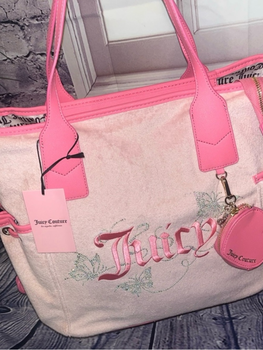 Juicy Couture NWT Pink Suede Tote with Coral Trim - Picture 3 of 10